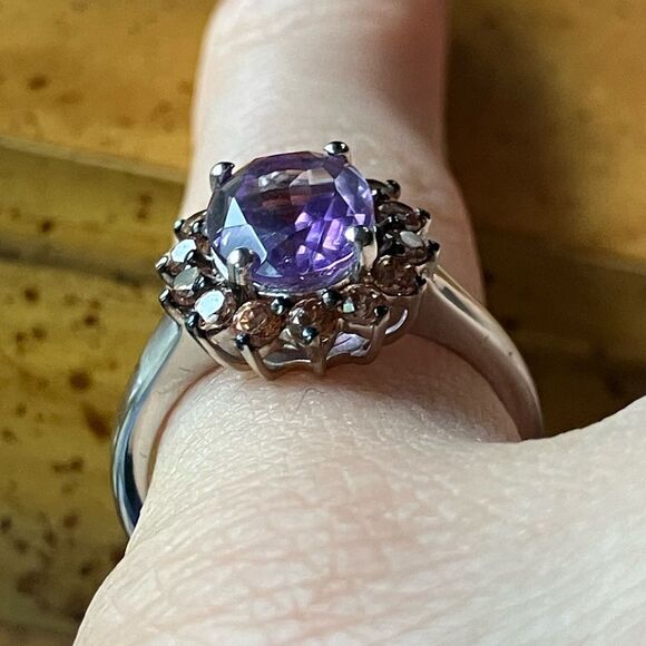 Natural Moroccan Amethyst Champagne Zircon Sterling Silver Ring Size 5 - Picture 2 of 8